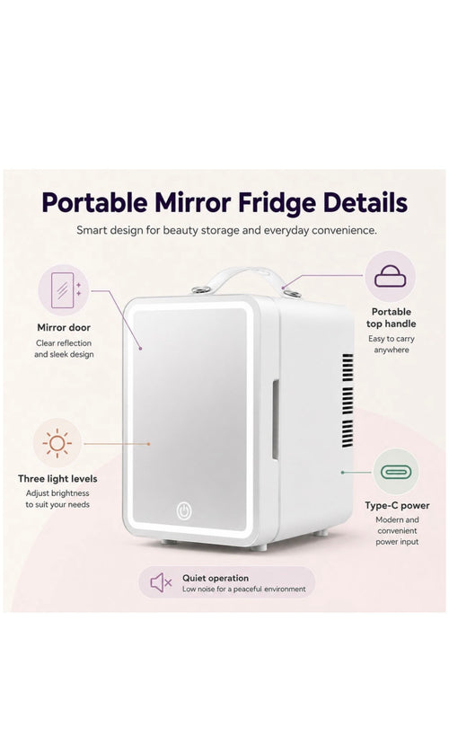Portable Skincare Fridge with LED Mirror Light | 4L Capacity - Beauty Essential
